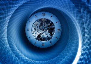 Blue time swirl with clock in middle